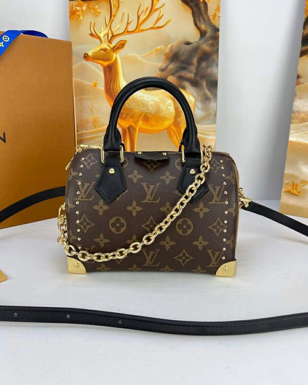 Lv Studded Monogram Boston Bag with Chain